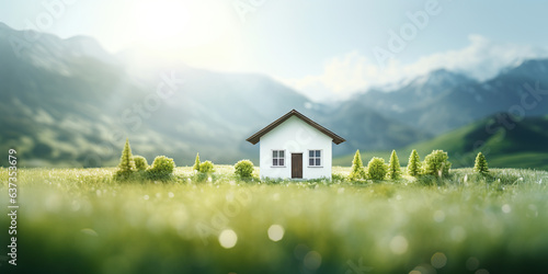 House building with beatiful landscape include green field, mountain, sky. Real estate or property with dream concept to build, construction, owned, sale, rent, buy, purchase, mortgage and investment.