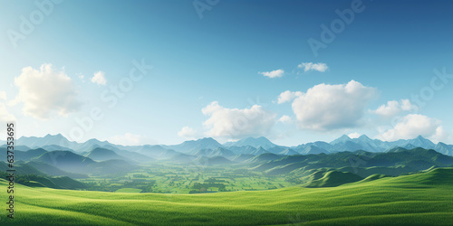 Landscape consist of lawn or green field or meadow, mountain. Include blue sky, clouds and sunlight. Rural area with nature at countryside. Beautiful scenery and empty space at outdoor for background.