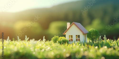 House building with beatiful landscape include green field, mountain, sky. Real estate or property with dream concept to build, construction, owned, sale, rent, buy, purchase, mortgage and investment.