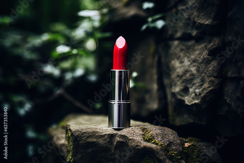 Close up with red lipstick on rocks, green leaves and blur background