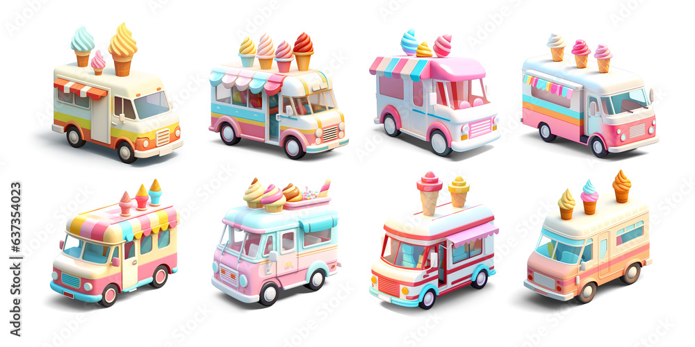 Ice Cream Van Isometric Low Poly Icons Set