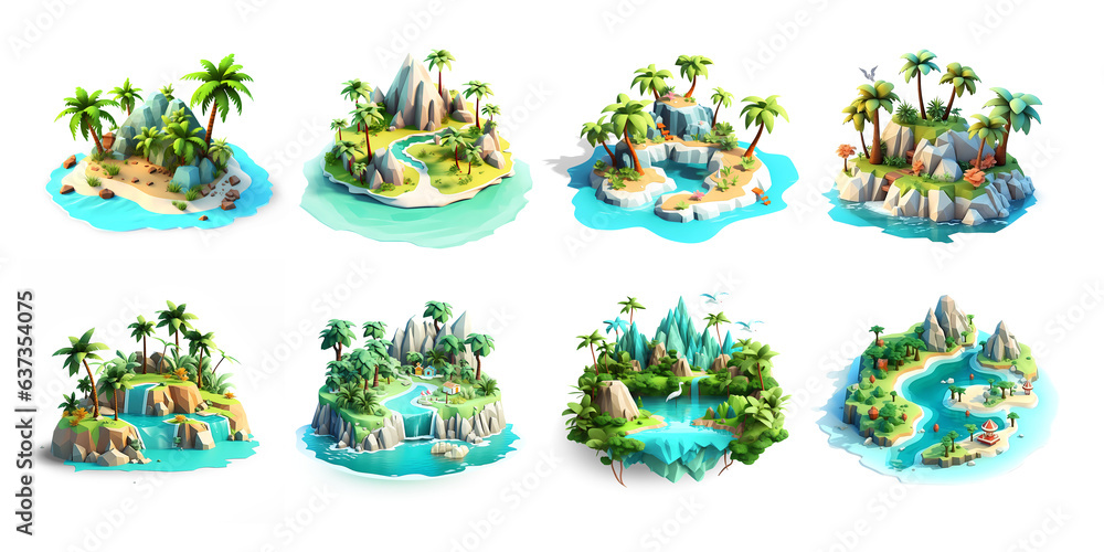 Tropical Island Isometric Low Poly Icons Set