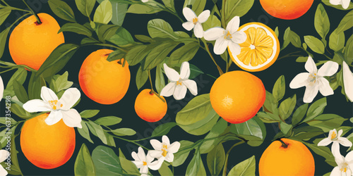 Orange Vintage background, pattern. Vector illustrations of oranges with flowers, leaves for poster, card or textile. Modern seamless pattern. Fashionable template for design or wedding invitations