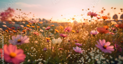 background violet pink blooming sunlight beautiful sunset field meadow flower nature. Generative AI. © VICHIZH