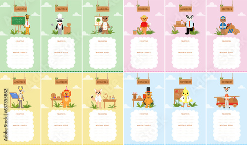 Monthly to do list social media story template collection for kids. Planner vectors with professions cute animal illustrations. Colorful background, useful for children. 