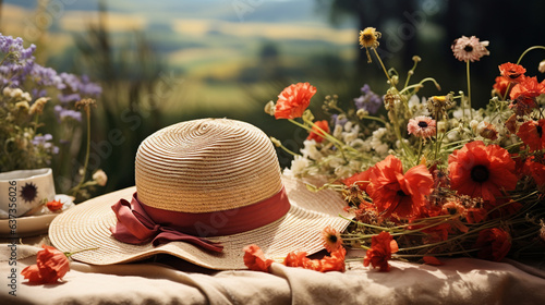Countryside Picnic Elegance: A straw hat with a ribbon, set on a picnic blanket surrounded by rolling hills and wildflowers