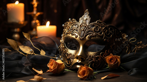 Enigmatic Masquerade: A Venetian mask attached to a velvet headpiece, set in the ambiance of a candlelit ballroom. 