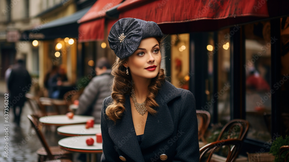 Vintage Parisian Charm: A classic beret tilted just right, framed by a quaint cobblestone street and charming Parisian cafe. - obrazy, fototapety, plakaty 