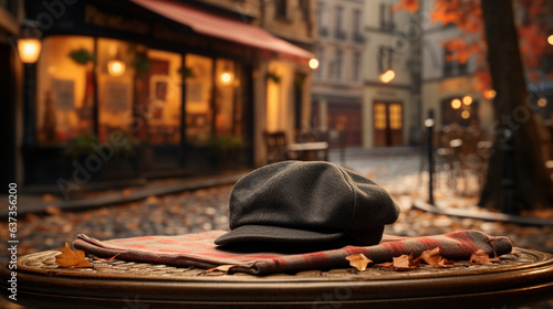 Vintage Parisian Charm: A classic beret tilted just right, framed by a quaint cobblestone street and charming Parisian cafe.  photo