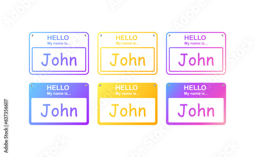 Hello my name is John sign. Flat, color, hello my name is, greeting plate. Vector icons