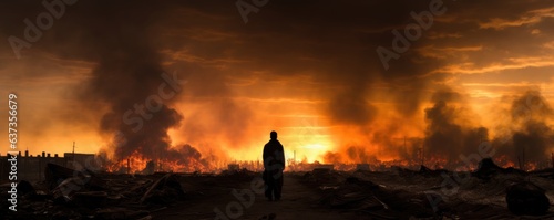 Eternal Twilight: Digital Illustration of Witnessing the End of the World - Apocalyps, Apocaliptic world, Fire, Smoke, Ruins, Trash, Destruction, Survival, Apocalyptic, Aftermath, Dystopian, Wasteland