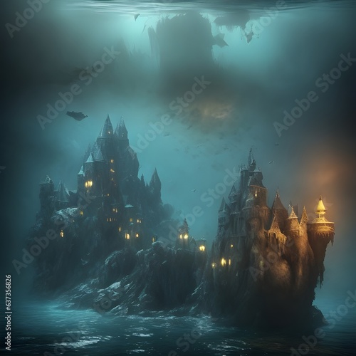 Halloweeen castle scenery with full moon in majestic night sky and highly detailed natural environment landscape. © Павел Литинский