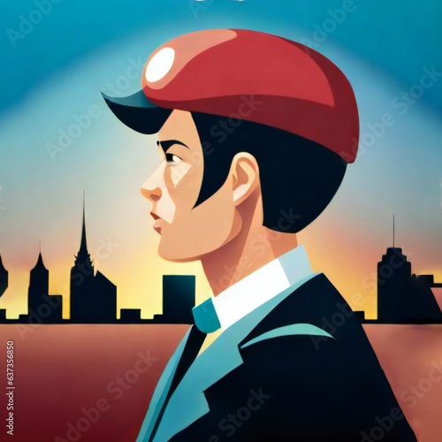 Illustration of a man in a cap on the background of the city.