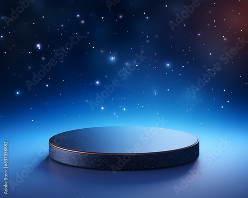 3D dark blue podium pedestal on dark blue background with stars 