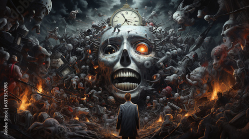 Chaotic illustration of face on an planet with skulls mythical creatures and monsters, background, wallpaper art, generative AI art