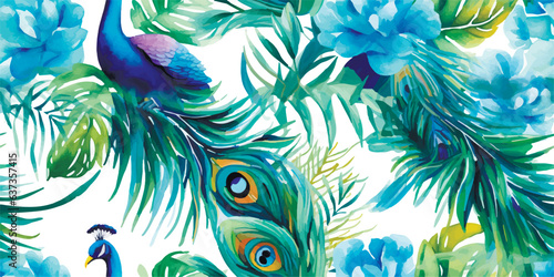 Luxurious peacock, plants and flowers. Vector Vintage Modern seamless pattern of tropical palm leaves, fern, peacock feather, butterfly for pattern, wallpaper or background. Fashionable template
