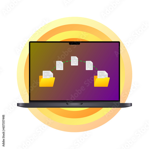 Transferring files on a laptop. Flat, color, file transfer, files on laptop. Vector illustration