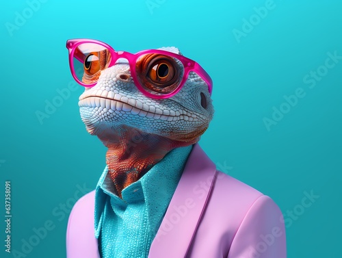lizard on turquoise background wearing colourful sunglasses. Generative AI. © Nicco 