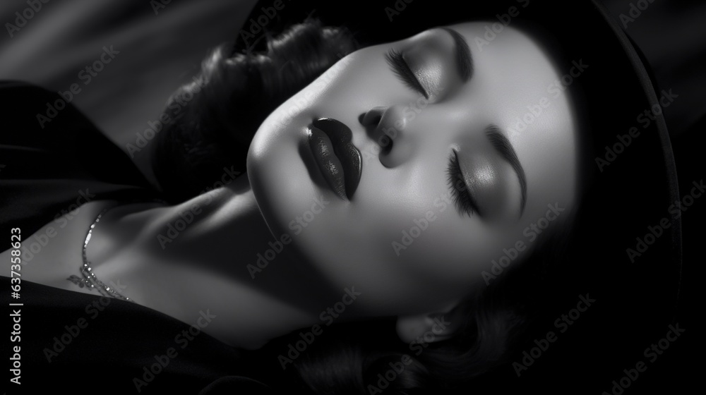 young beautiful woman lying on a black and white background Generative AI, AI Generated young beautiful woman lying on a black and white background Generative AI, AI Generated
