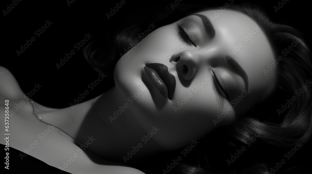 young beautiful woman lying on a black and white background Generative AI, AI Generated young beautiful woman lying on a black and white background Generative AI, AI Generated