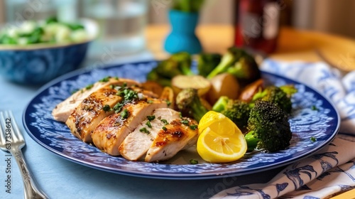 baked chicken with potatoes and vegetables. top view Generative AI, AI Generated