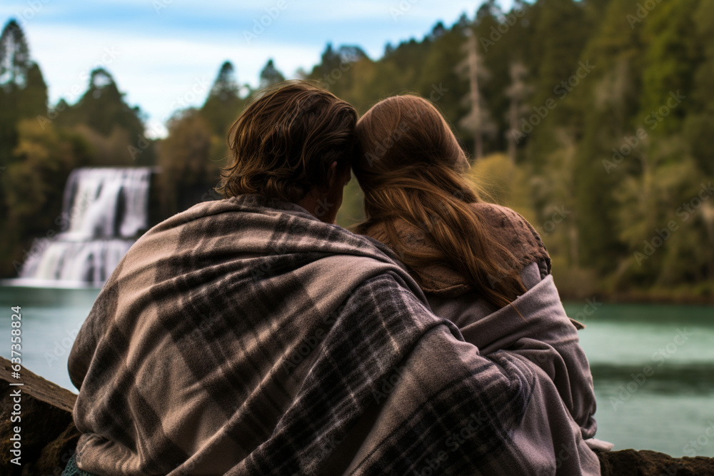 Fototapeta premium Couple Cozying Up in a Blanket as They Watch the Waterfall, rest, nature, love, 