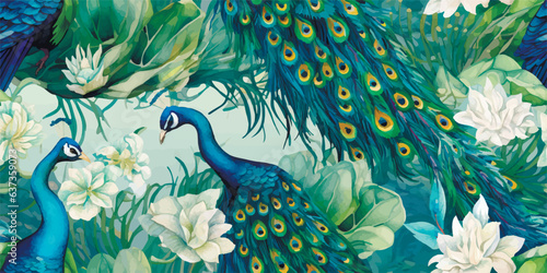 Luxurious peacock, plants and flowers. Vector Vintage Modern seamless pattern of tropical palm leaves, fern, peacock feather, butterfly for pattern, wallpaper or background. Fashionable template