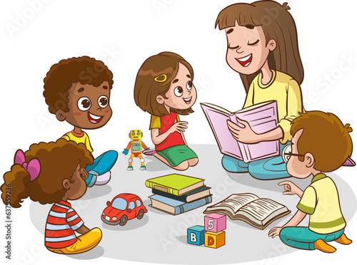 Illustration of multiracial kids and teacher sitting on the floor and reading the book.Reading and exploring