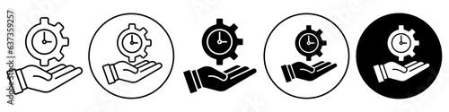 Time Management Icon. Flat outline logo of office or work place efficiency symbol. Vector set of Business project deadline or completing in timely manner. Hand with gear wheel shows productivity