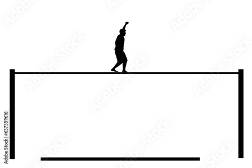Symbol for balance: A tightrope walker is balancing on a rope high up. Isolated on a white background.