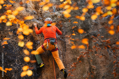 Young rock climber climbs the ropes on a stone cliff, yellow autumn leaves in the foreground.
