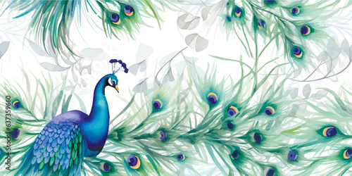 Luxurious peacock, plants and flowers. Vector Vintage Modern seamless pattern of tropical palm leaves, fern, peacock feather, butterfly for pattern, wallpaper or background. Fashionable template