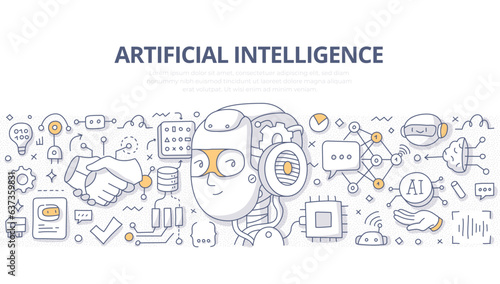 Artificial intelligence as robotic head processing big data and learning how to talk with human. Neural network and machine learning concept. Doodle linear illustration