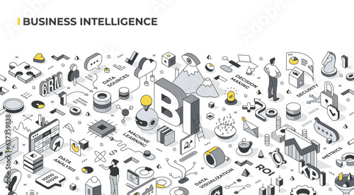 Business intelligence isometric concept. Gathering and analyzing data to aid businesses in making strategic decisions