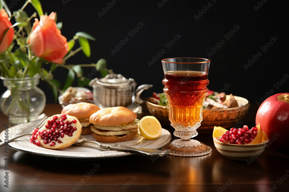Fototapeta premium Festive Rosh Hashanah Table Set with Traditional Foods, love and happiness 