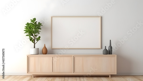 Empty frame on cabinet in living room interior