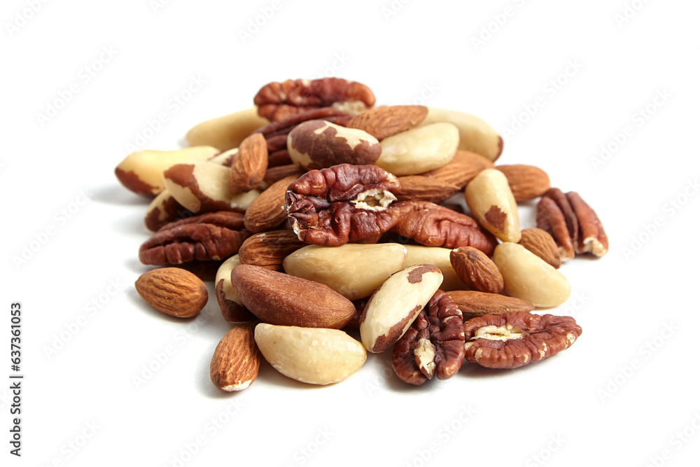 Mixed nuts isolated on white background. Nut medley of almonds, Brazil nuts, and pecans Mixed nuts isolated on white background. Nut medley of almonds, Brazil nuts, and pecans