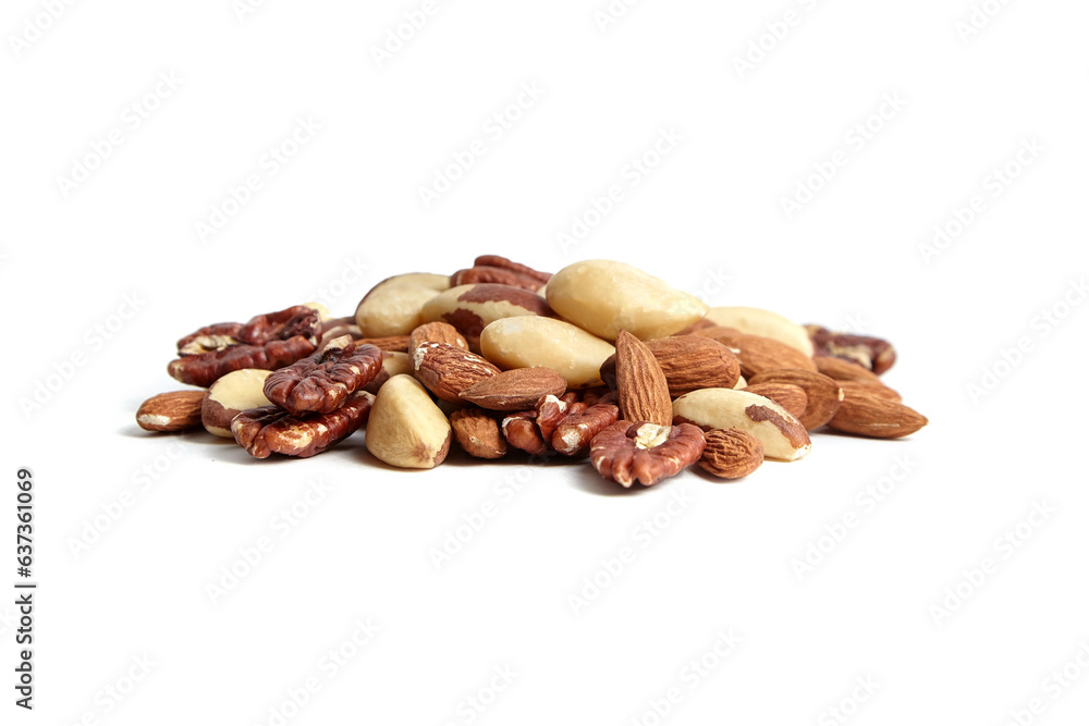 Mixed nuts isolated on white background. Almonds, Brazil nuts and peeled pecans mix. Closeup of natural nuts blend on white Mixed nuts isolated on white background. Almonds, Brazil nuts and peeled pecans mix. Closeup of natural nuts blend on white