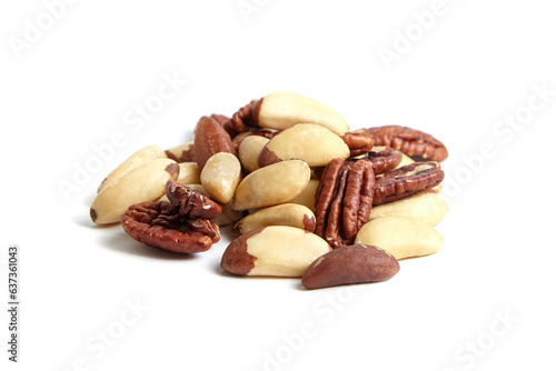 Brazil nuts and peeled pecans mix isolated on white background. Pile of mixed nuts for a balanced diet