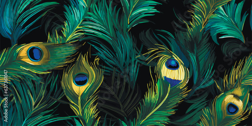 Luxurious peacock, plants and flowers. Vector Vintage Modern seamless pattern of tropical palm leaves, fern, peacock feather, butterfly for pattern, wallpaper or background. Fashionable template