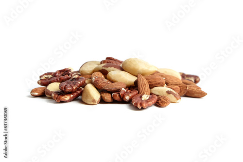 Mixed nuts isolated on white background. Almonds, Brazil nuts and peeled pecans mix. Closeup of natural nuts blend on white