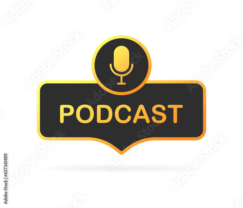 Podcast button. Flat, yellow, microphone icon, podcast with microphone. Vector illustration