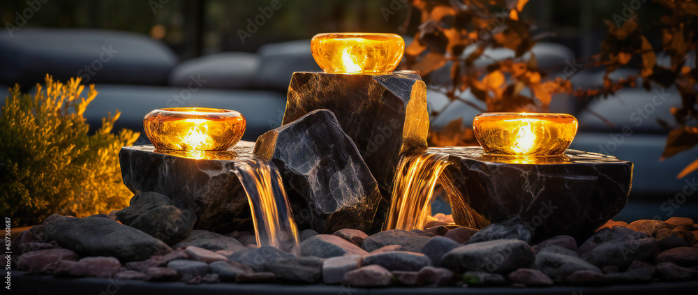 An outdoor fountain display illuminated in the evening. Garden landscape design concept. - obrazy, fototapety, plakaty 