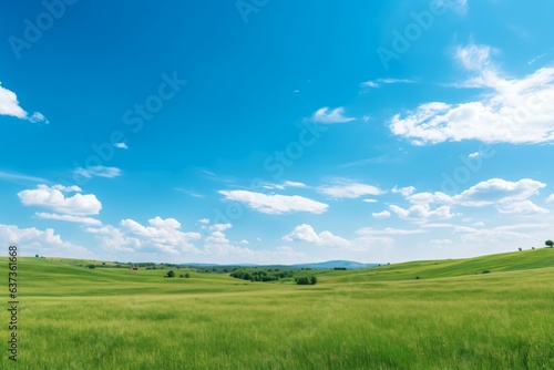 Green field and blue sky with white clouds. Natural landscape background.