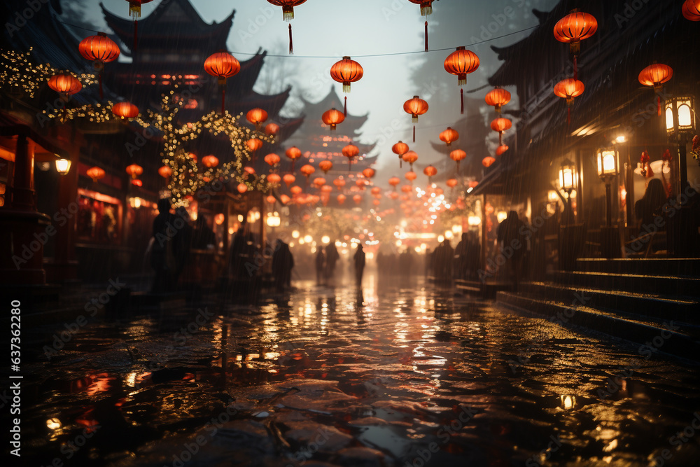Night scene of a traditional city with red lanterns on a rainy day Lunar New Year concept