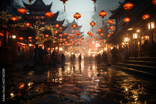 Night scene of a traditional city with red lanterns on a rainy day Lunar New Year concept