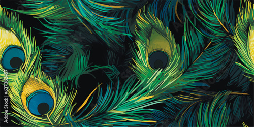 Luxurious peacock, plants and flowers. Vector Vintage Modern seamless pattern of tropical palm leaves, fern, peacock feather, butterfly for pattern, wallpaper or background. Fashionable template