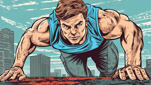 Portrait of a pumped-up man doing push-ups on the street . Fantasy concept , Illustration painting.