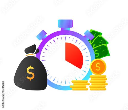 A bag of dollars and a stopwatch. Flat, color, bag of dollars, stopwatch countdown, money bag. Vector illustration