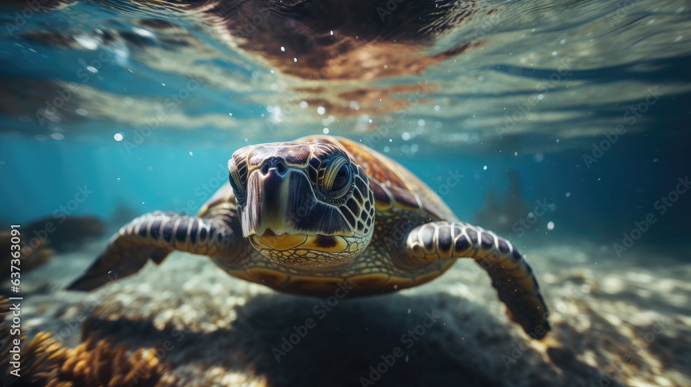 Obraz premium Cute sea turtle in blue water of tropical sea. Green turtle underwater photo. Wild marine animal in natural environment. Endangered species of coral reef. Tropical seashore wildlife